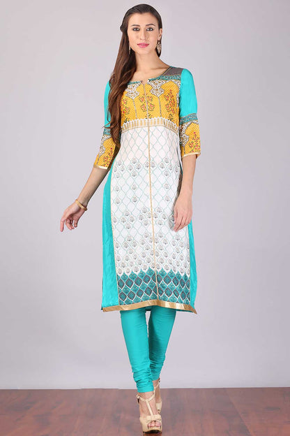 Teal Printed 3/4 Sleeve kurta Set With Dupatta &amp; Churidar