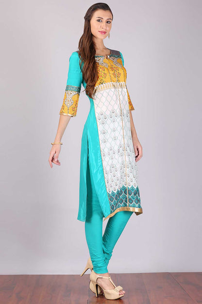 Teal Printed 3/4 Sleeve kurta Set With Dupatta &amp; Churidar