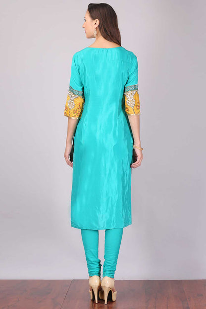 Teal Printed 3/4 Sleeve kurta Set With Dupatta &amp; Churidar