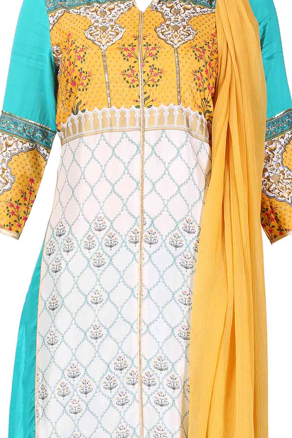 Teal Printed 3/4 Sleeve kurta Set With Dupatta &amp; Churidar