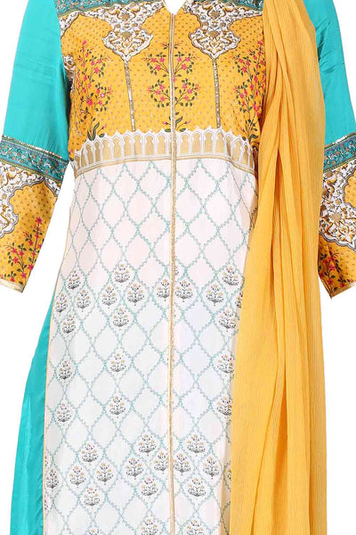 Teal Printed 3/4 Sleeve kurta Set With Dupatta & Churidar