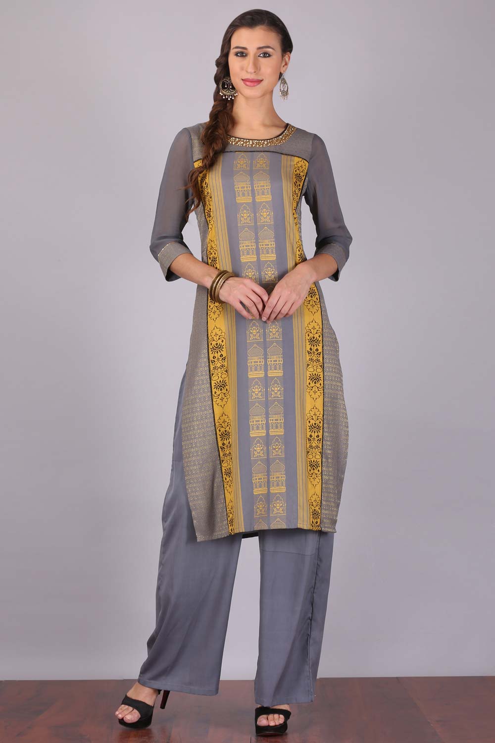 Grey &amp; Yellow Printed kurta Set