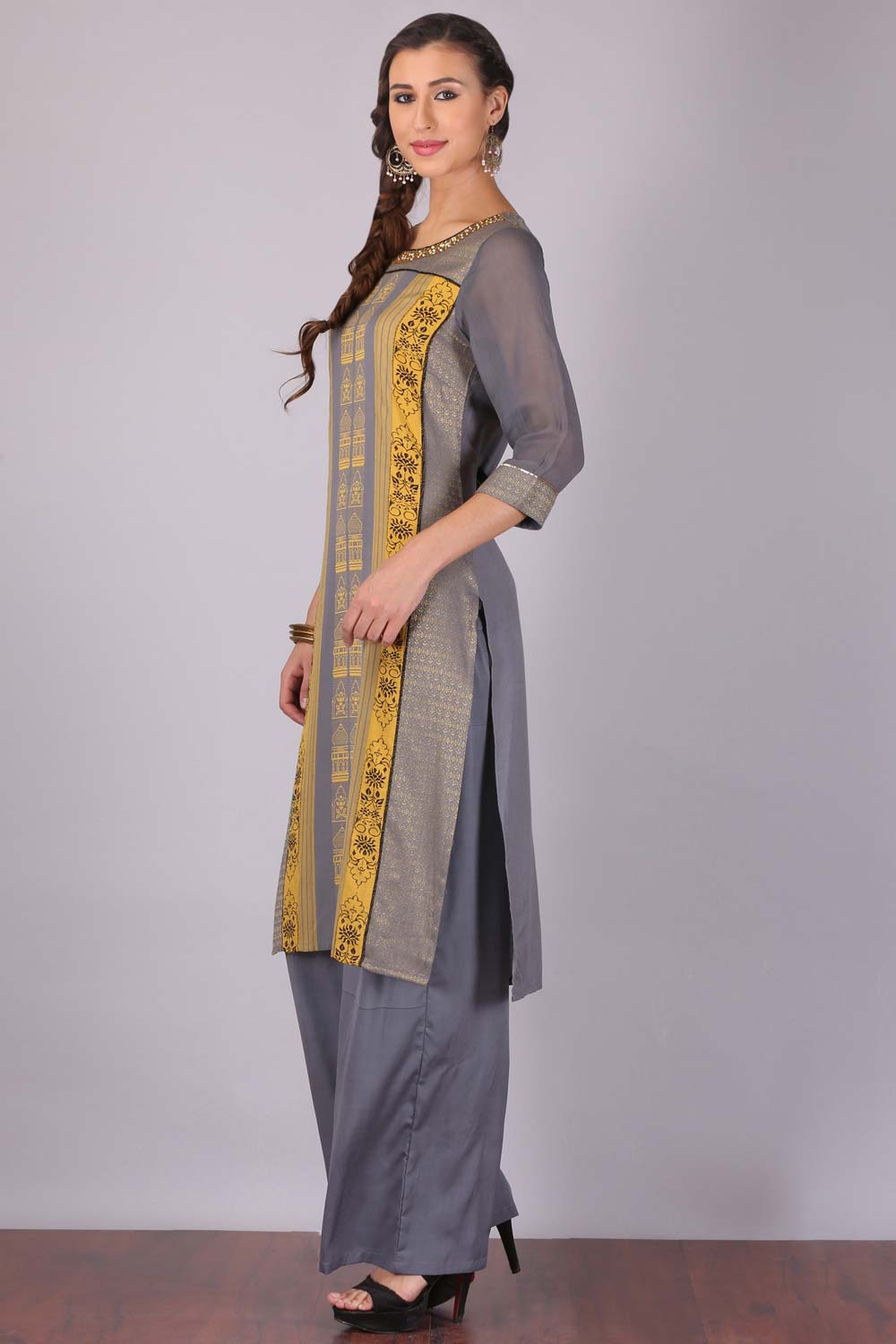 Grey &amp; Yellow Printed kurta Set