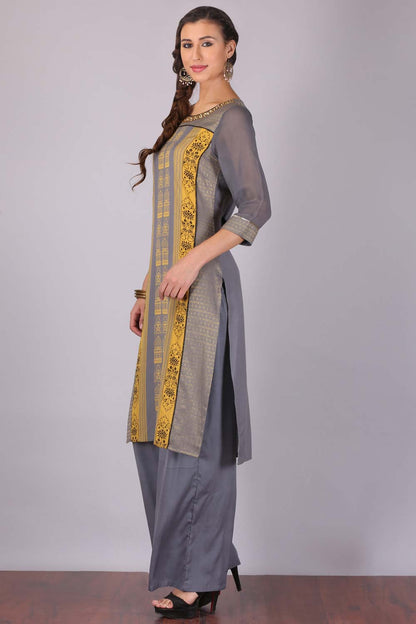 Grey &amp; Yellow Printed kurta Set