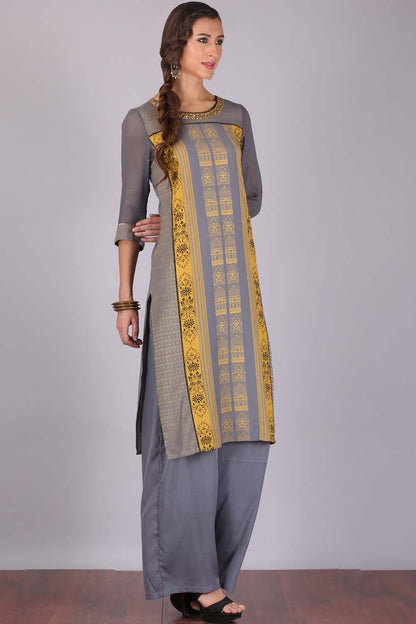 Grey &amp; Yellow Printed kurta Set