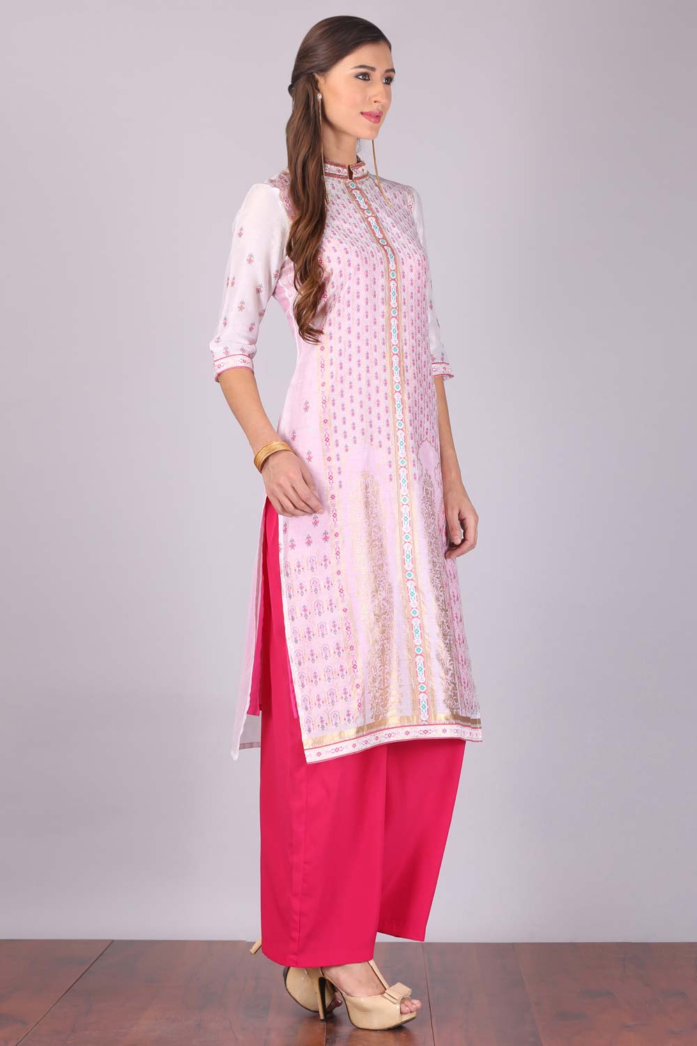 White Printed Mandarin Neck kurta Set