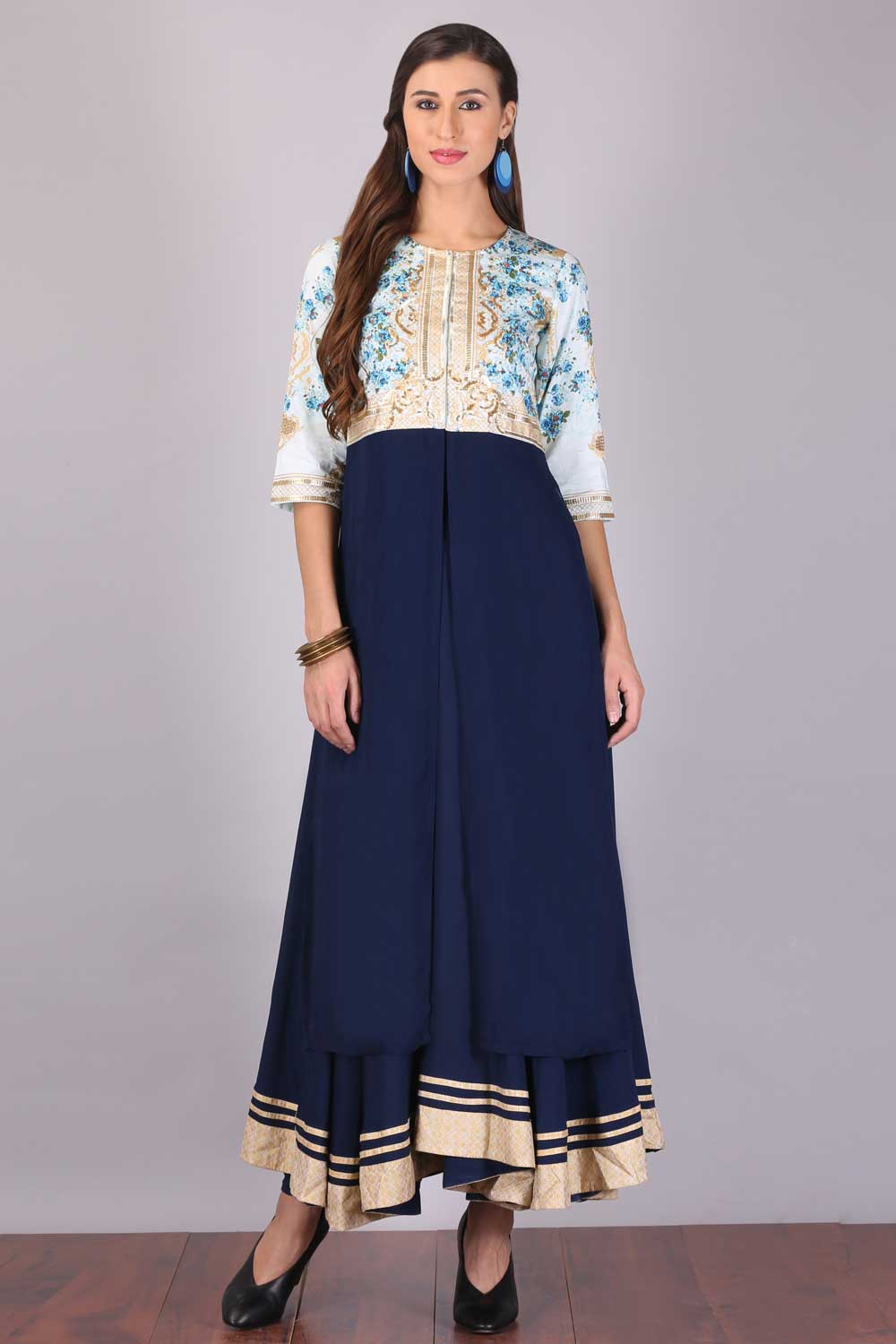 Blue Printed Round Neck kurta Set