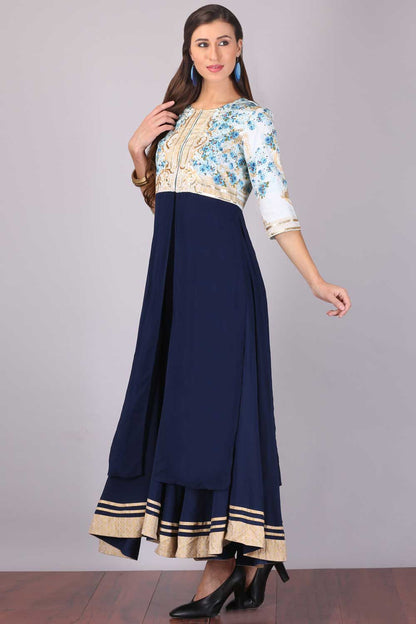 Blue Printed Round Neck kurta Set