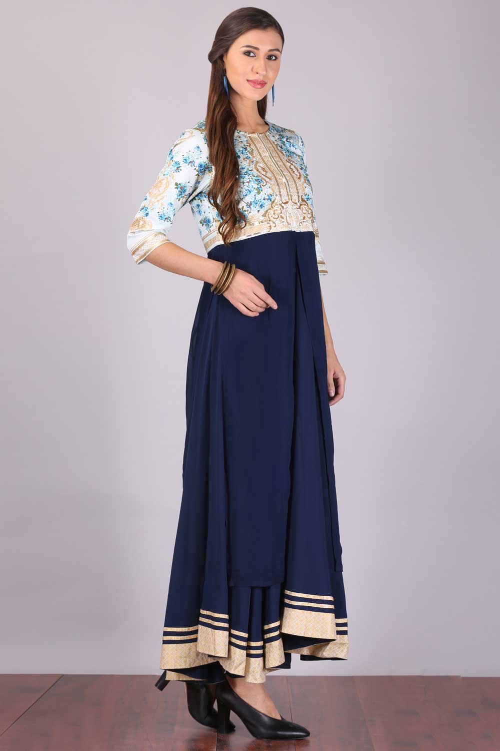 Blue Printed Round Neck kurta Set