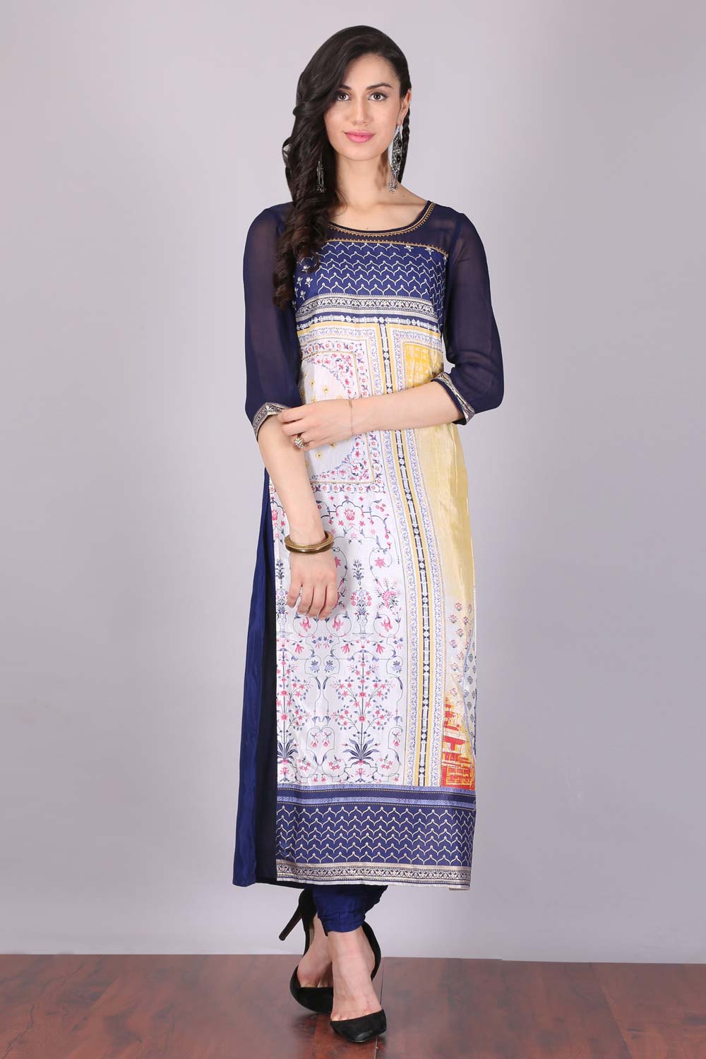 Purple &amp; Yellow Printed kurta Set