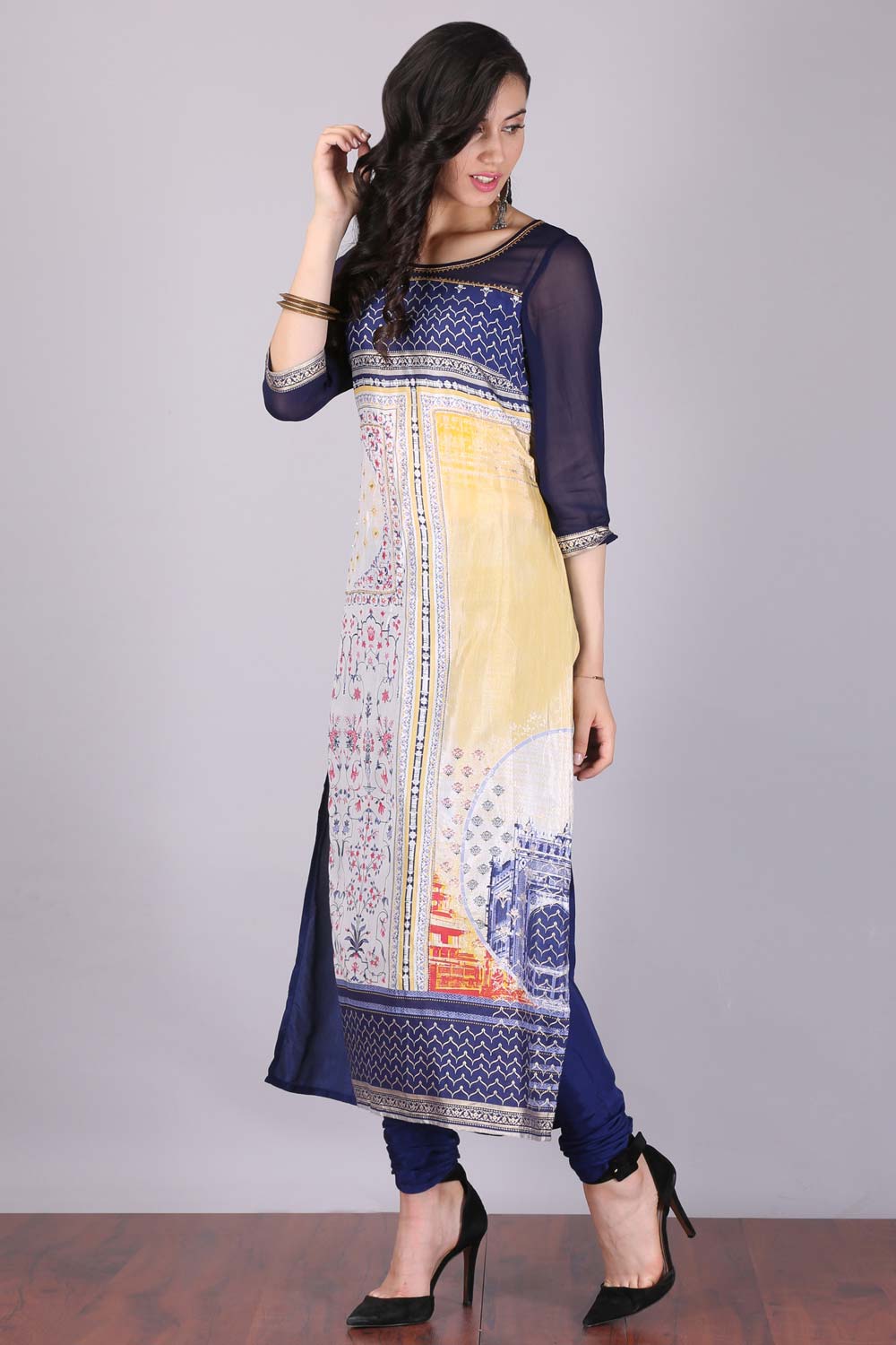 Purple &amp; Yellow Printed kurta Set