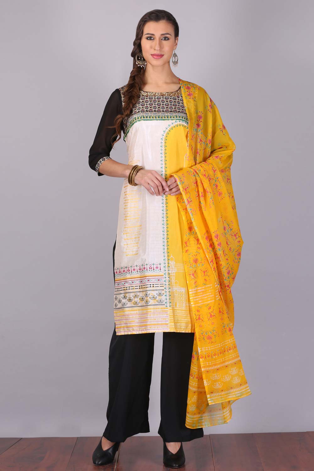 Yellow Stylized Round Neck kurta Set