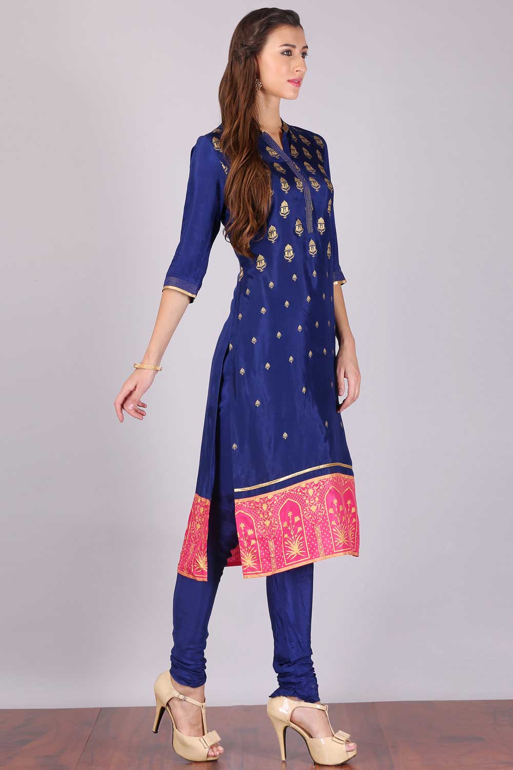 Blue Printed Mandarin Neck kurta Set