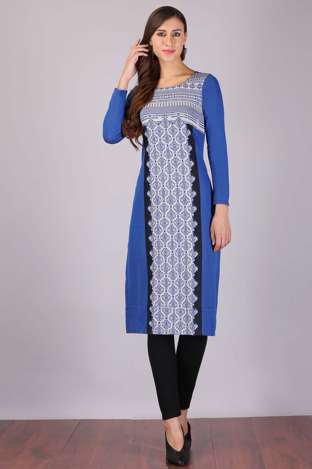 Blue Printed Round Neck Winter kurta - XS