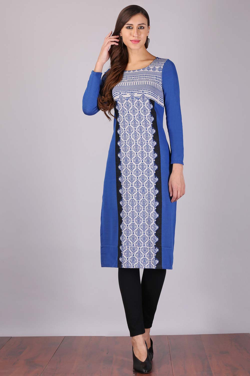 Blue Printed Round Neck Winter kurta