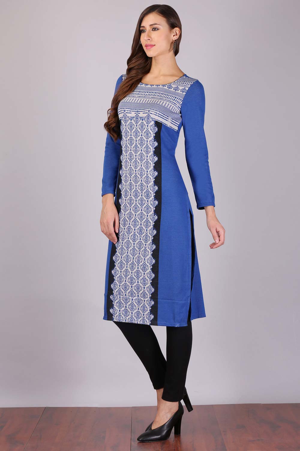 Blue Printed Round Neck Winter kurta