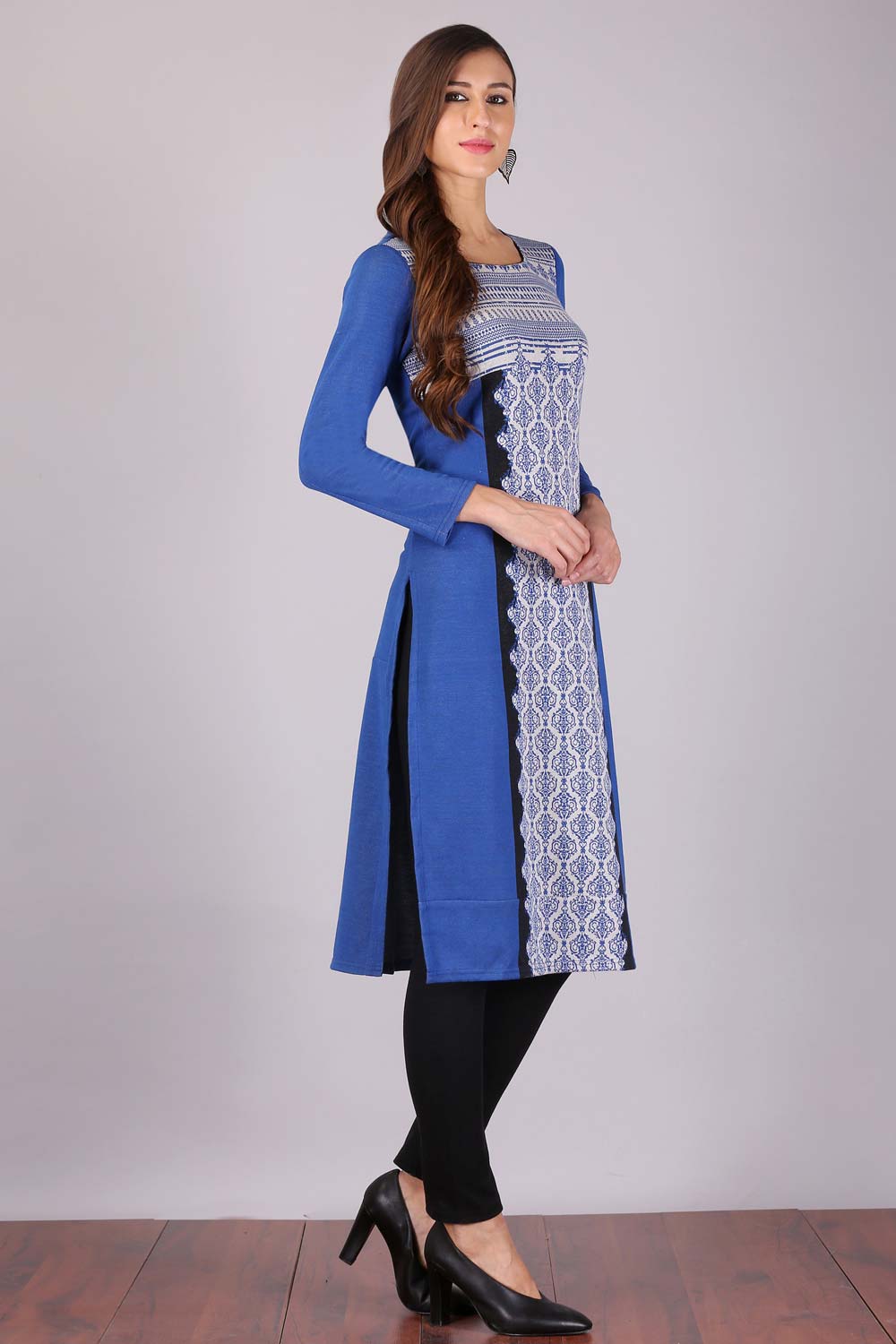 Blue Printed Round Neck Winter kurta