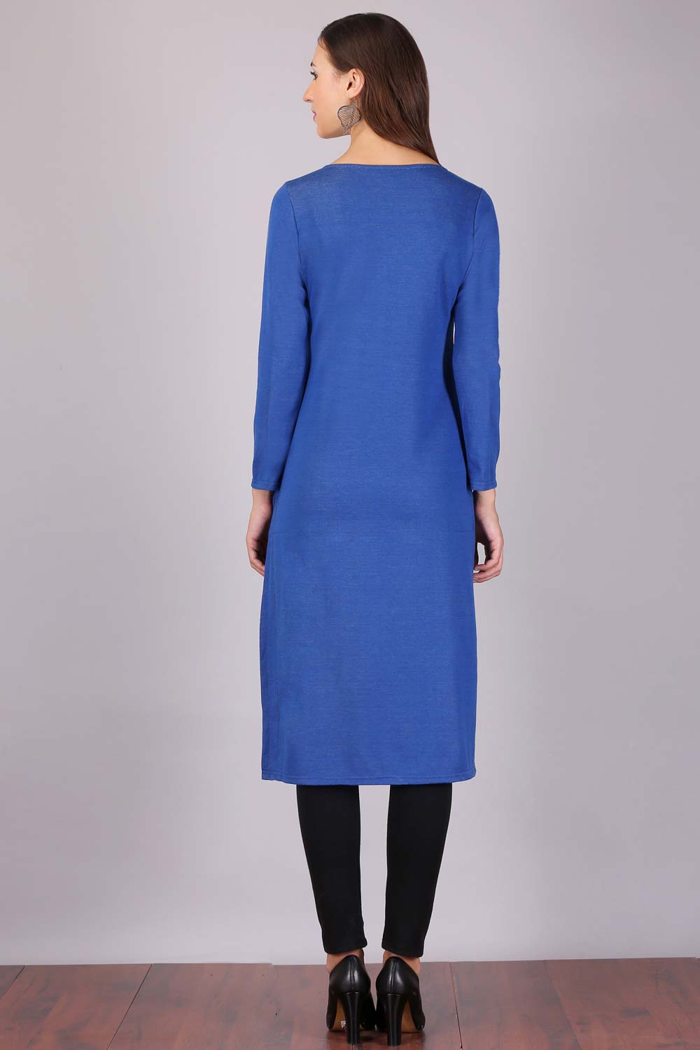 Blue Printed Round Neck Winter kurta