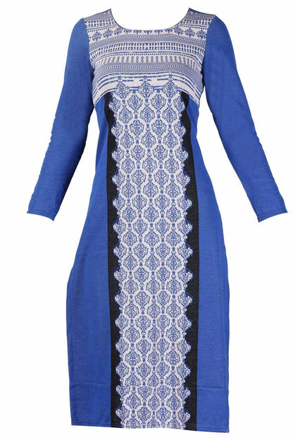 Blue Printed Round Neck Winter kurta