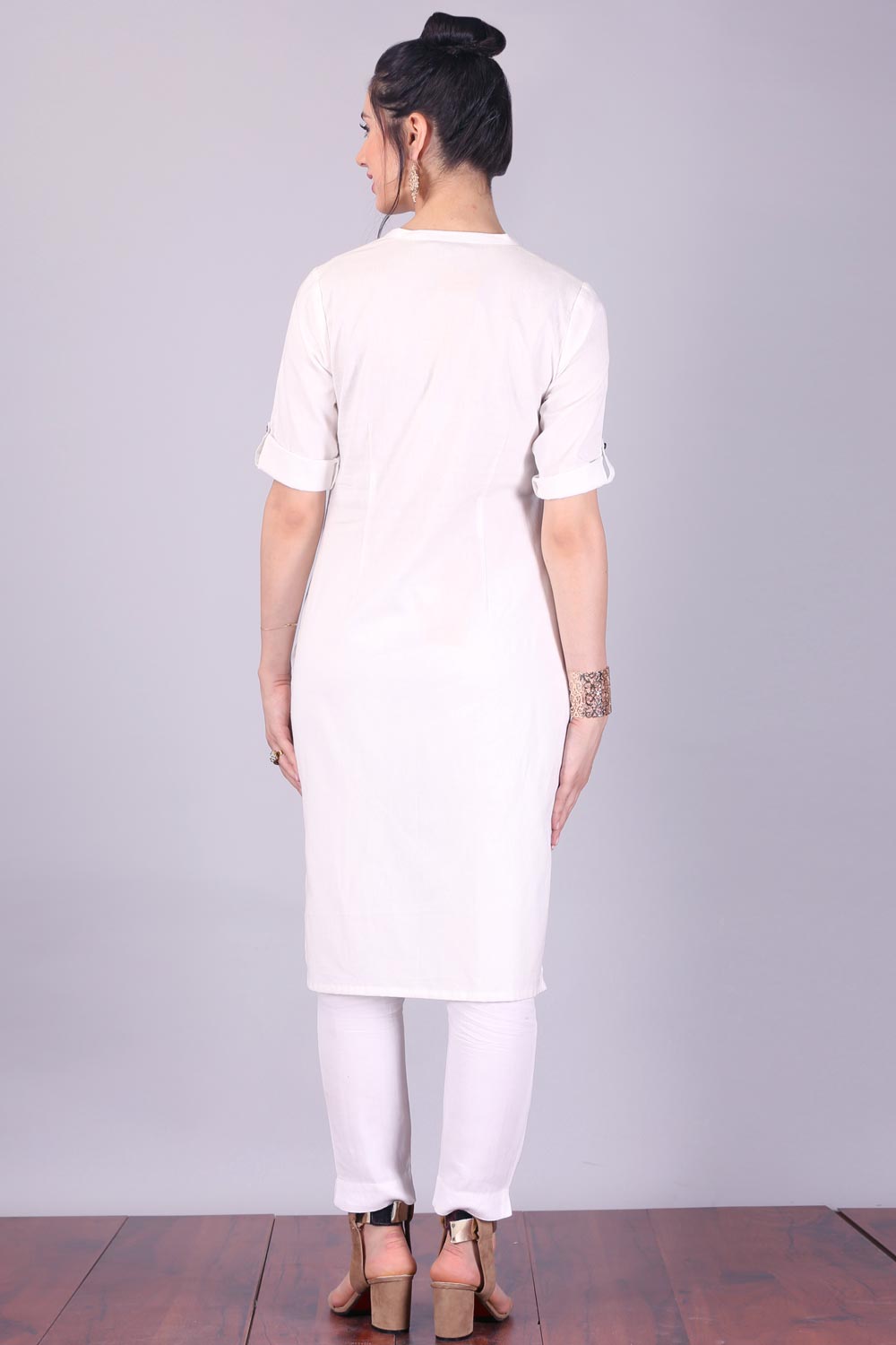 White 3/4 Sleeve Band Collar kurta