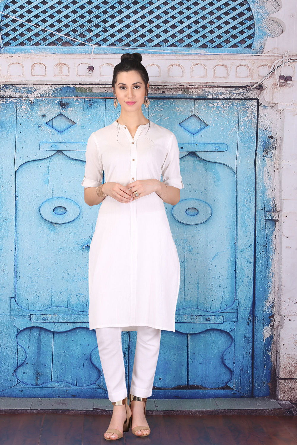 White 3/4 Sleeve Band Collar kurta