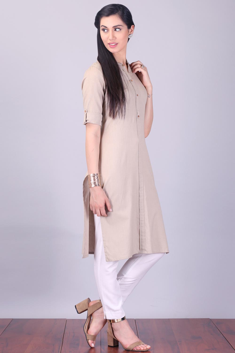 Grey 3/4 Sleeve Band Collar kurta