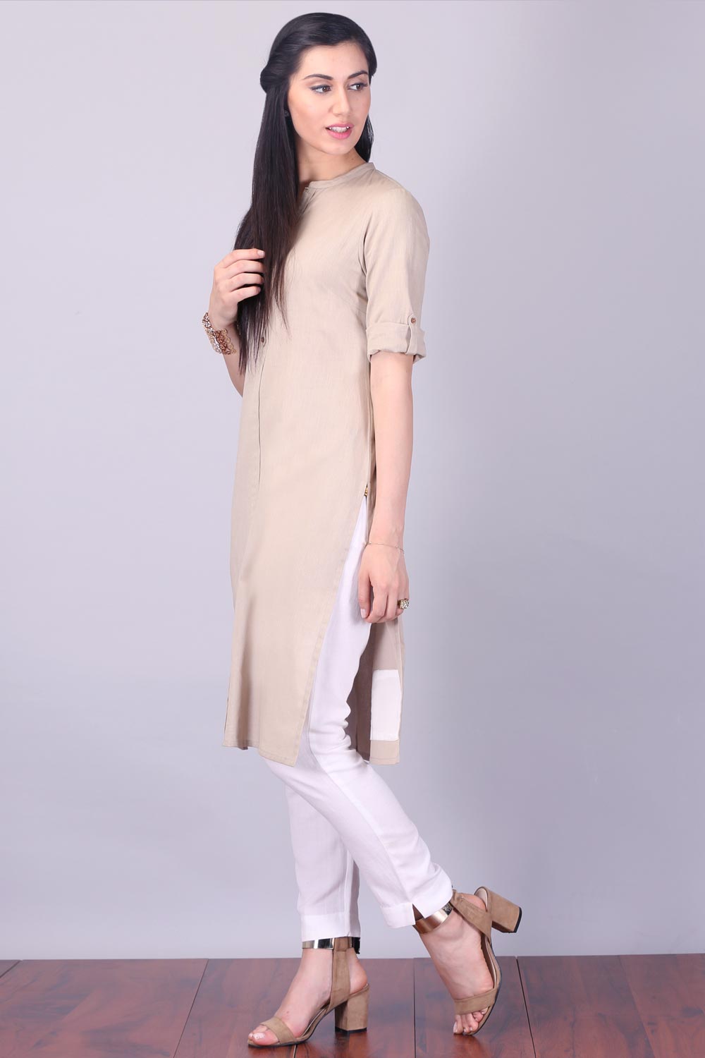 Grey 3/4 Sleeve Band Collar kurta