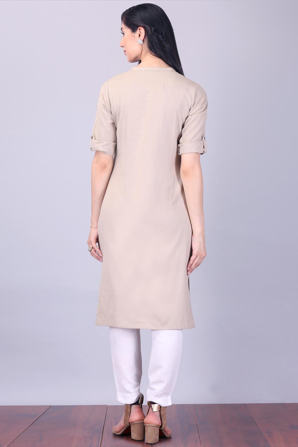 Grey 3/4 Sleeve Band Collar kurta