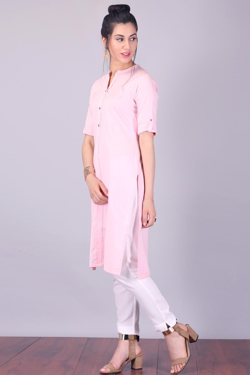 Pink 3/4 Sleeve Band Collar kurta