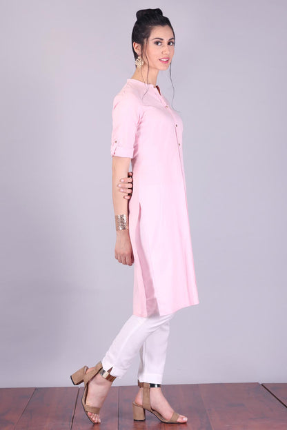 Pink 3/4 Sleeve Band Collar kurta