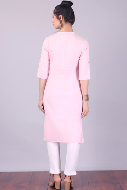 Pink 3/4 Sleeve Band Collar kurta