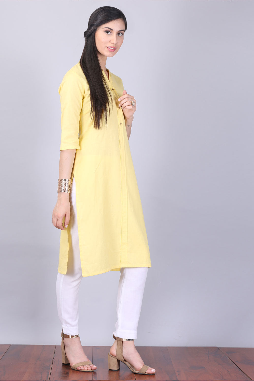 Yellow Mandarin Neck 3/4 Sleeve kurta