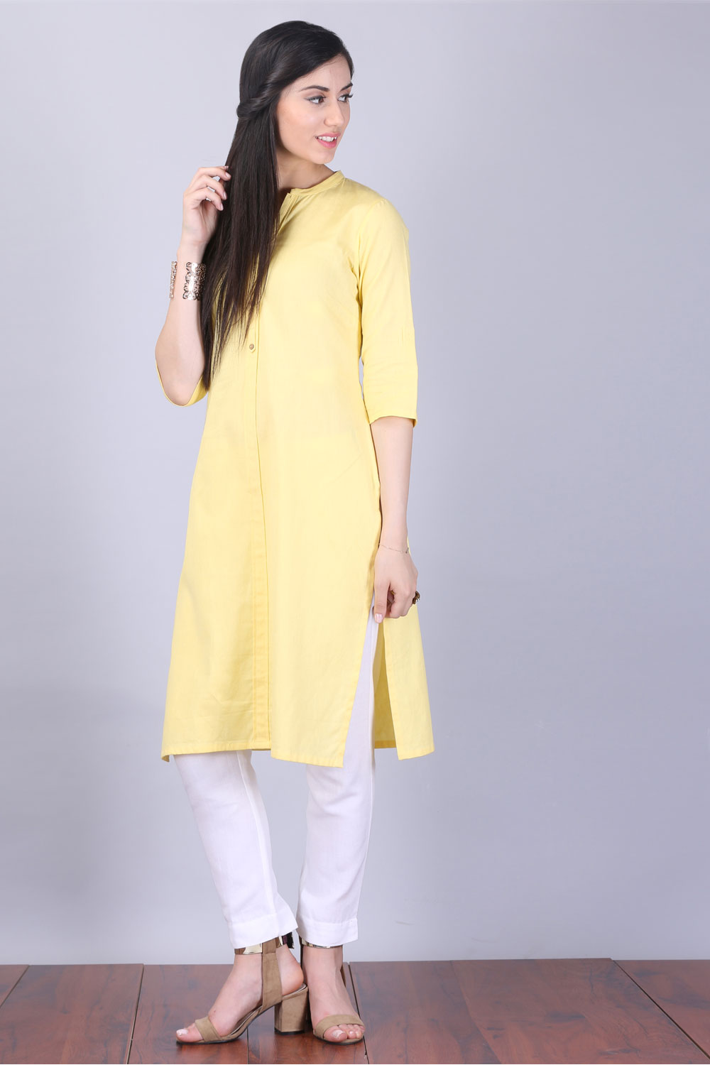 Yellow Mandarin Neck 3/4 Sleeve kurta