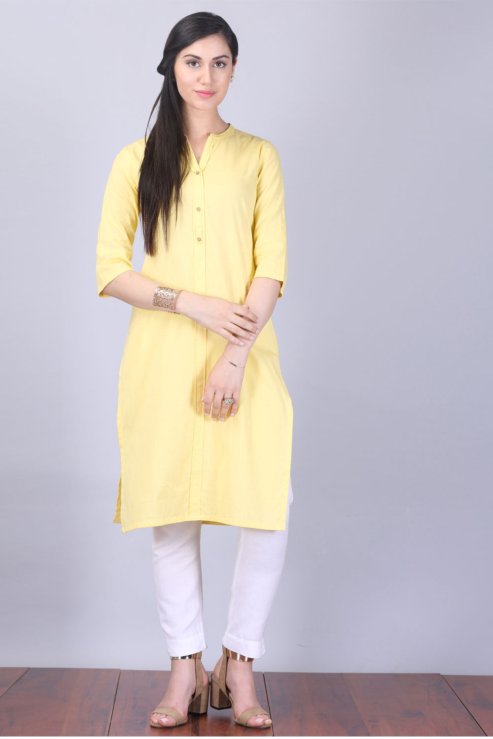 Yellow Mandarin Neck 3/4 Sleeve kurta