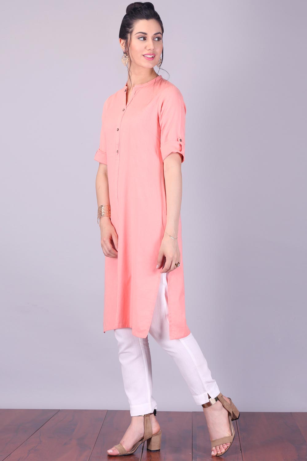 Pink 3/4 Sleeve Mandarin Neck kurta