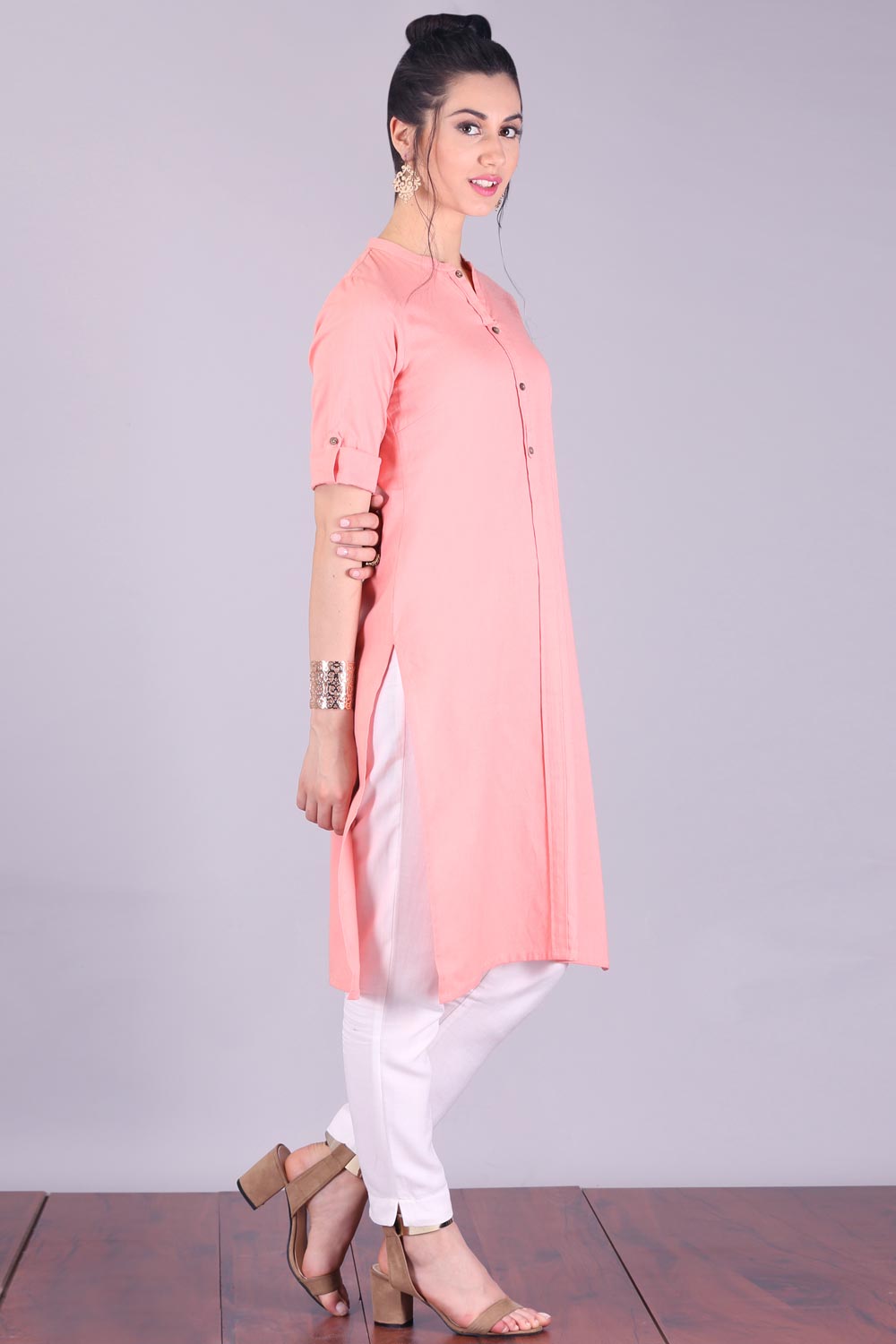 Pink 3/4 Sleeve Mandarin Neck kurta