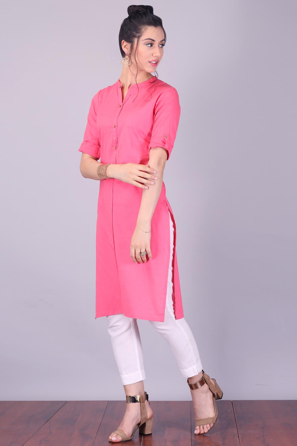 Pink 3/4 Sleeve Band Collar kurta