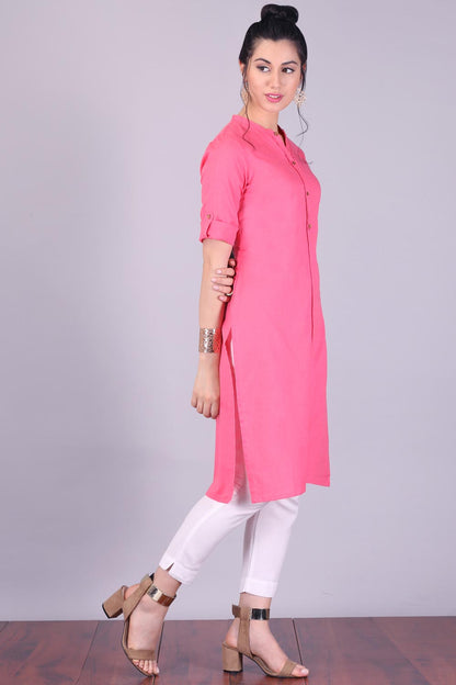 Pink 3/4 Sleeve Band Collar kurta