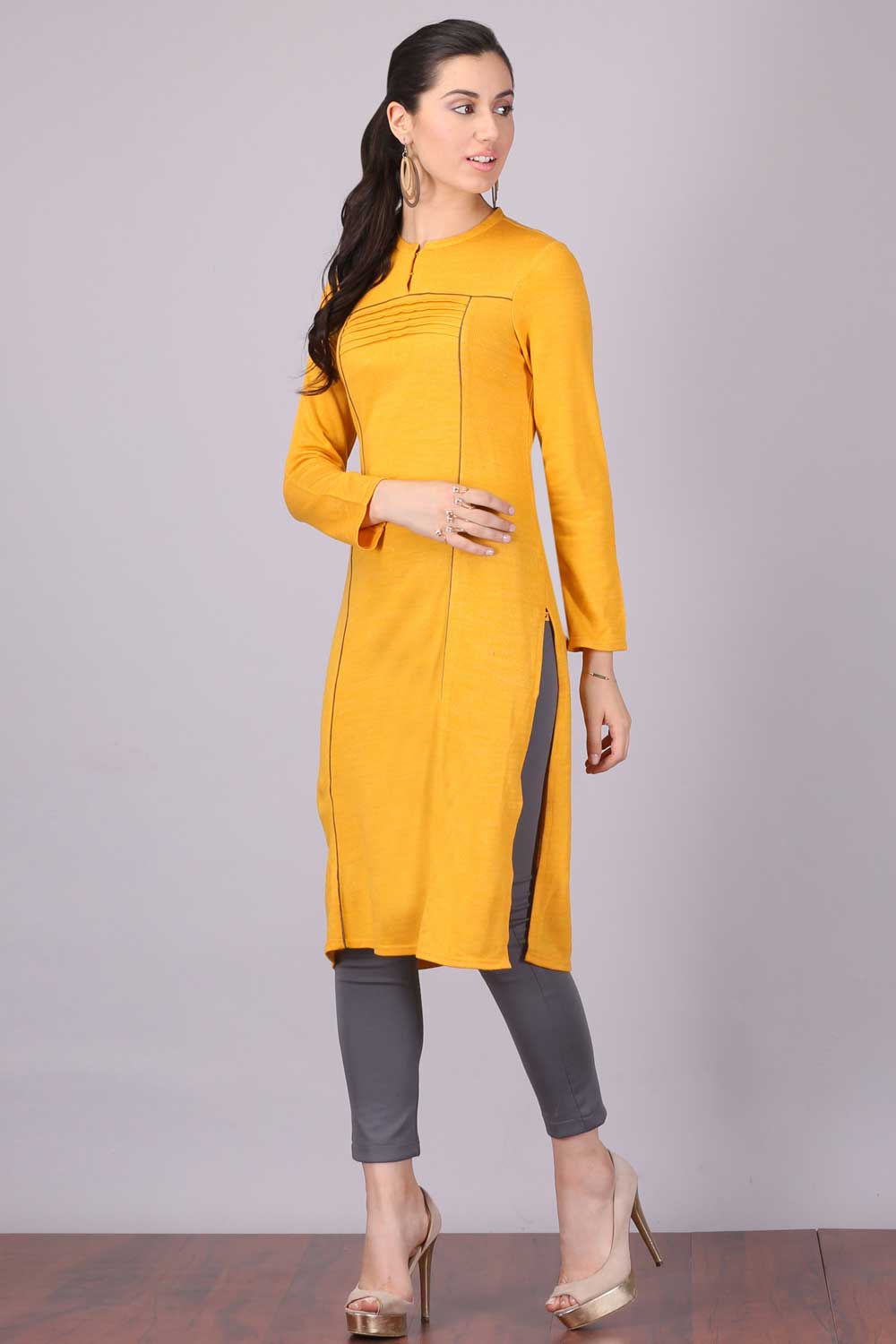 Yellow Mandarin Neck Winter kurta