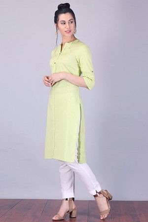 Green 3/4 Sleeve Band Collar kurta