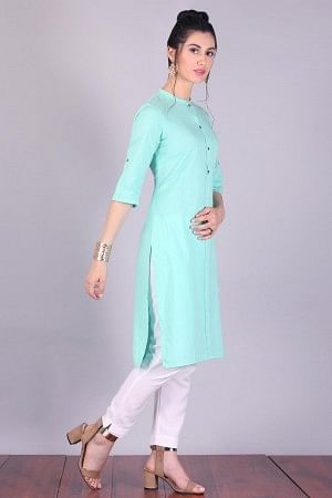 Green 3/4 Sleeve Band Collar kurta