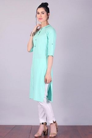 Green 3/4 Sleeve Band Collar kurta