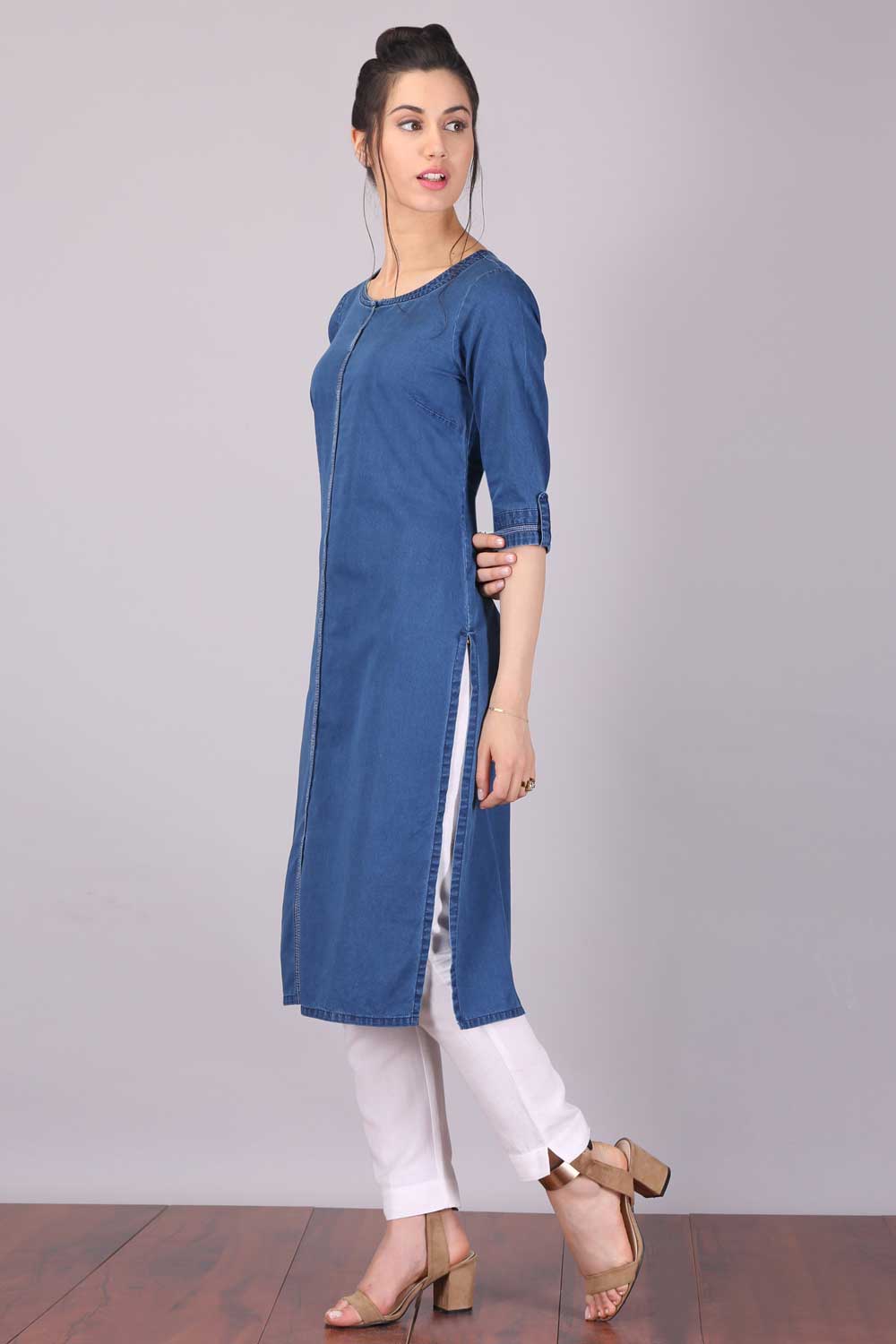 Blue Round Neck Denim kurta