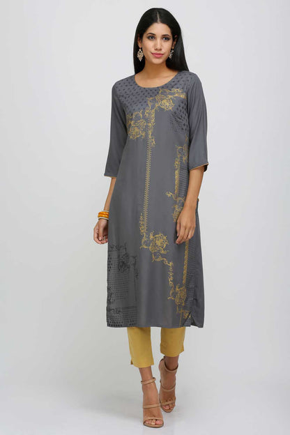 Grey Printed Round Neck kurta