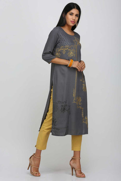 Grey Printed Round Neck kurta