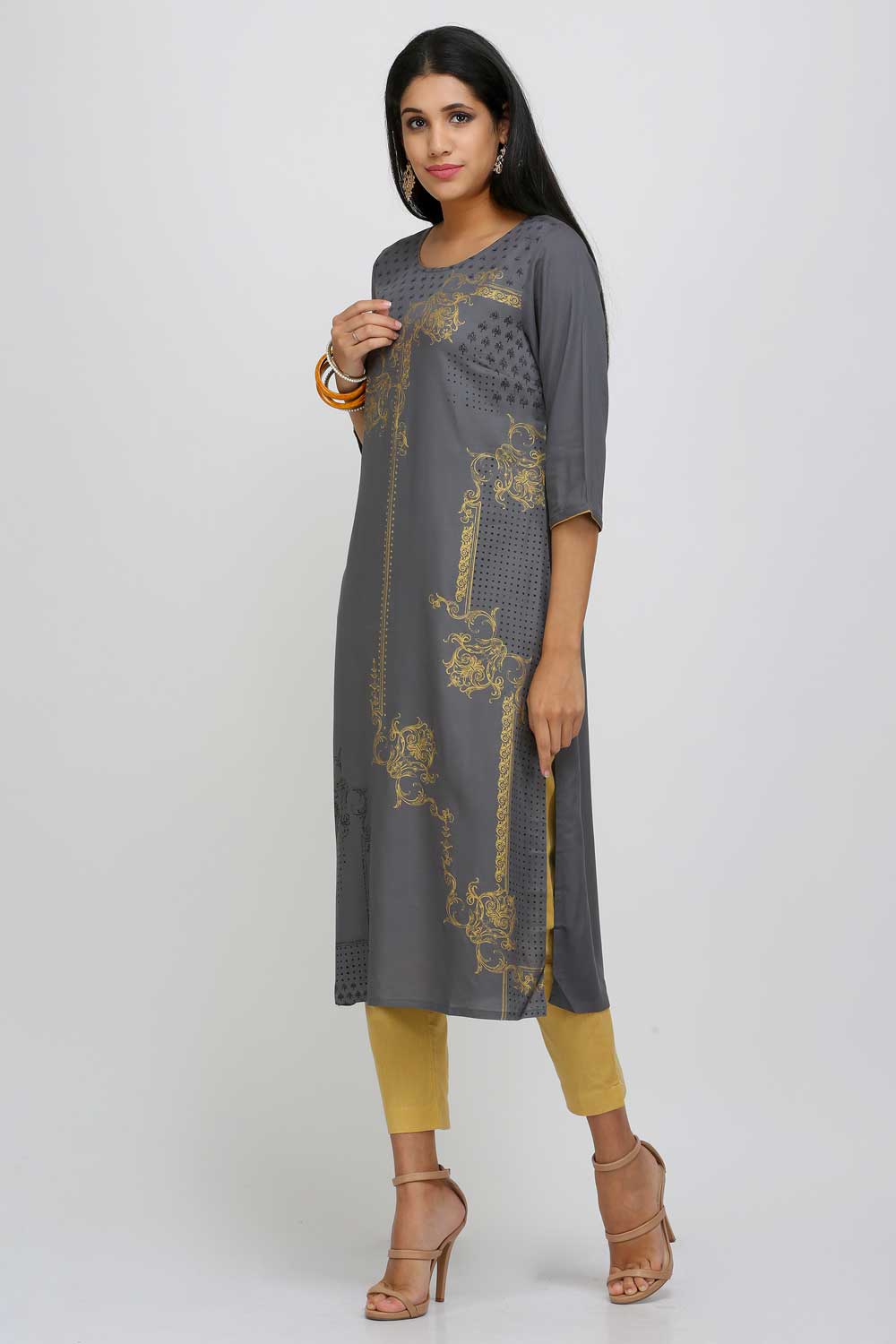 Grey Printed Round Neck kurta