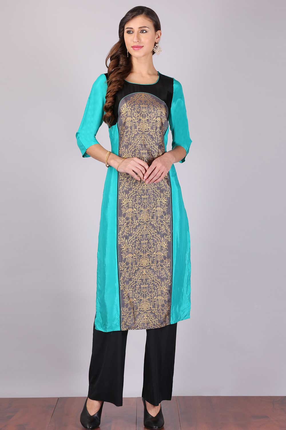 Blue &amp; Grey Printed Round Neck kurta