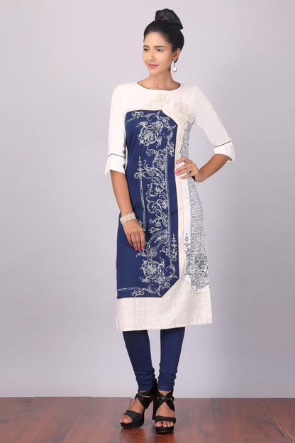 White Boat Neck Printed kurta