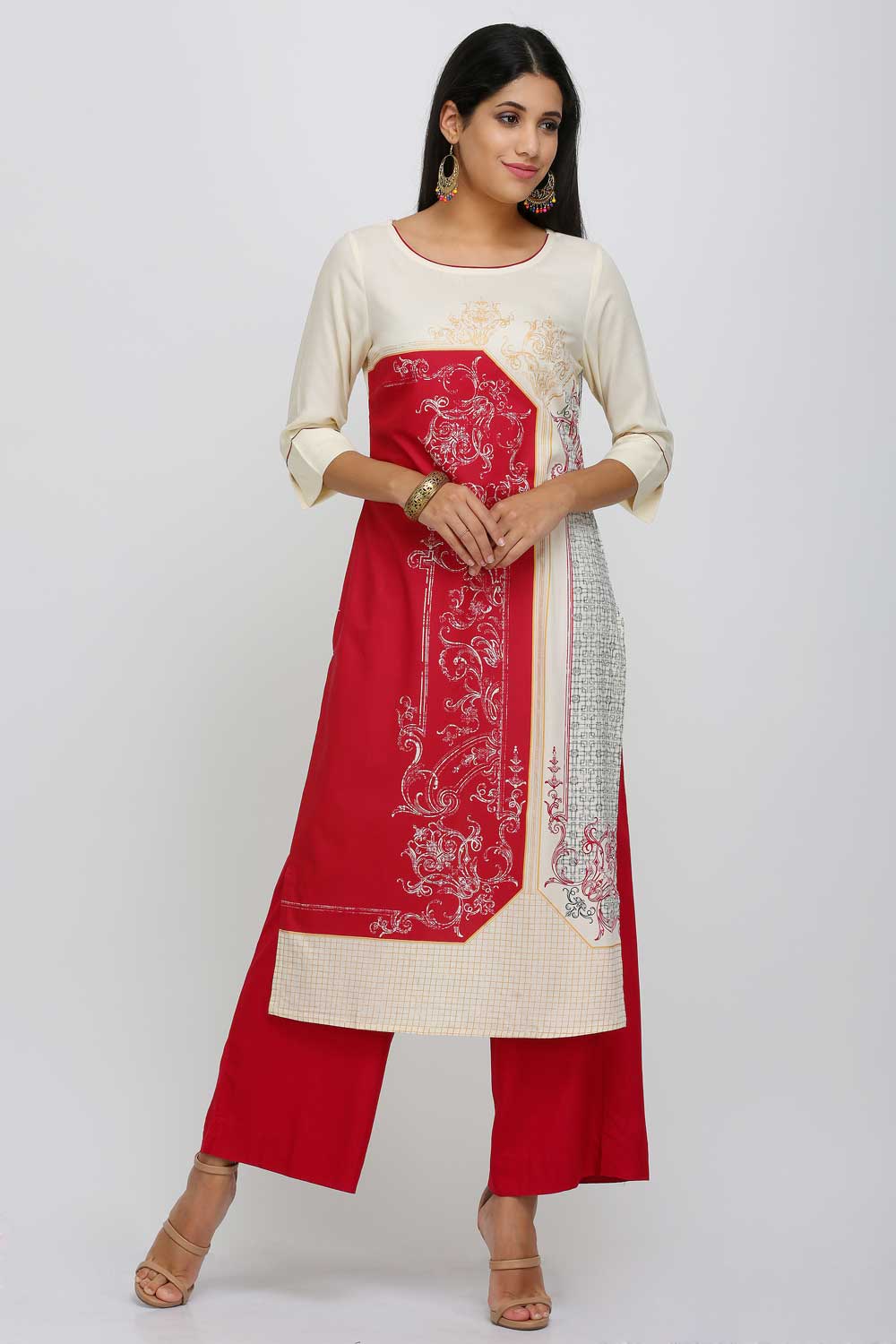 Red Printed Round Neck kurta