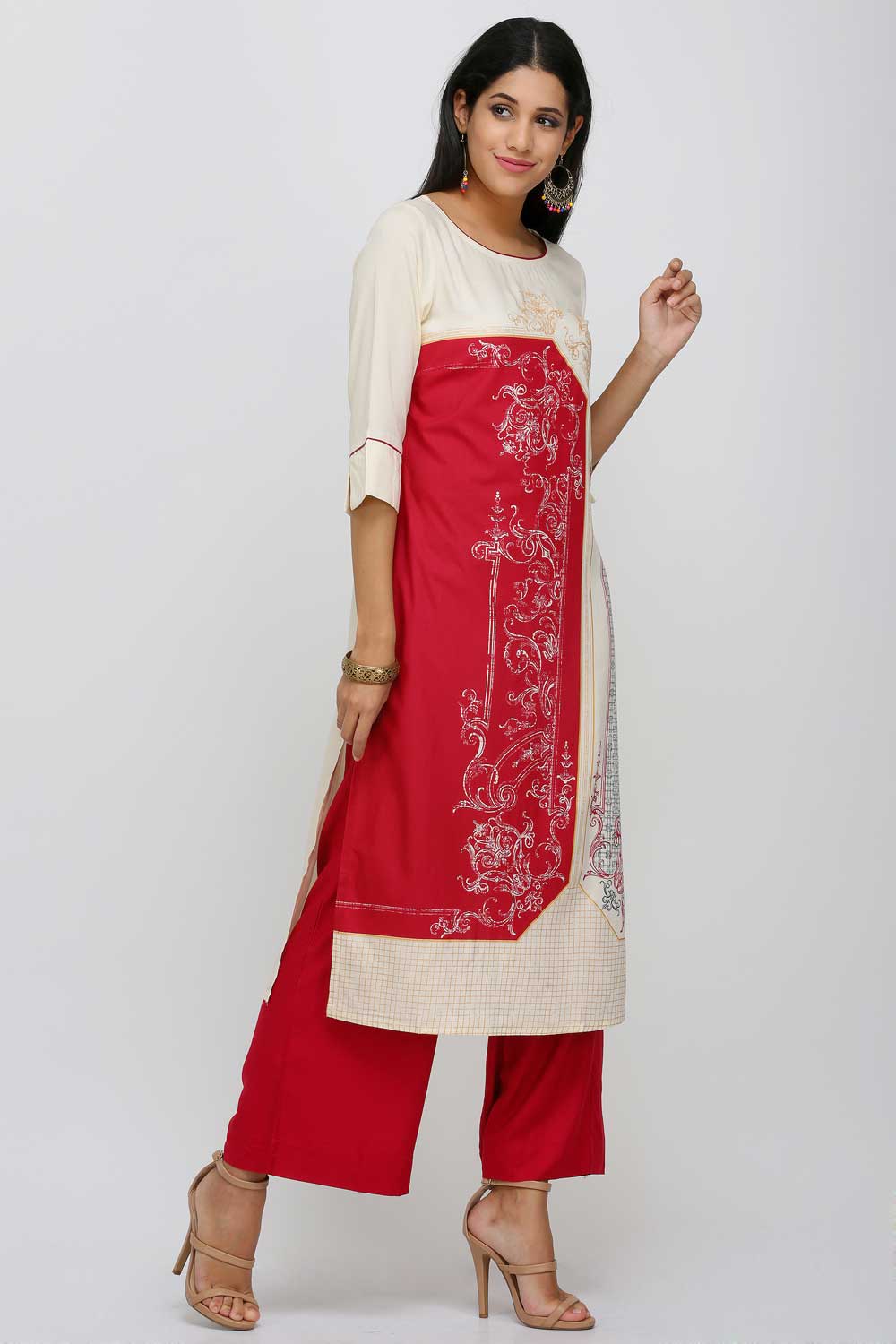 Red Printed Round Neck kurta